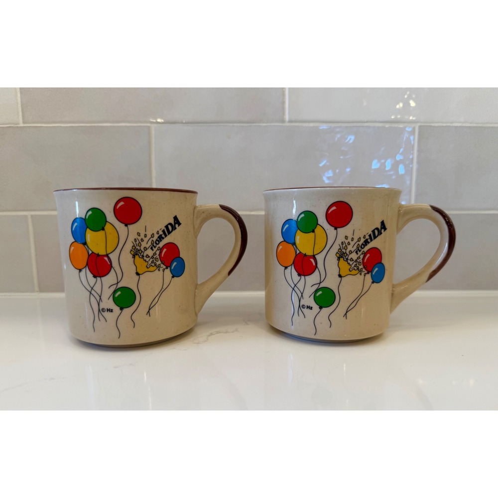 Vintage Herzfeld's Florida Souvenir Coffee Mugs Speckled Stoneware Set of 2 1983